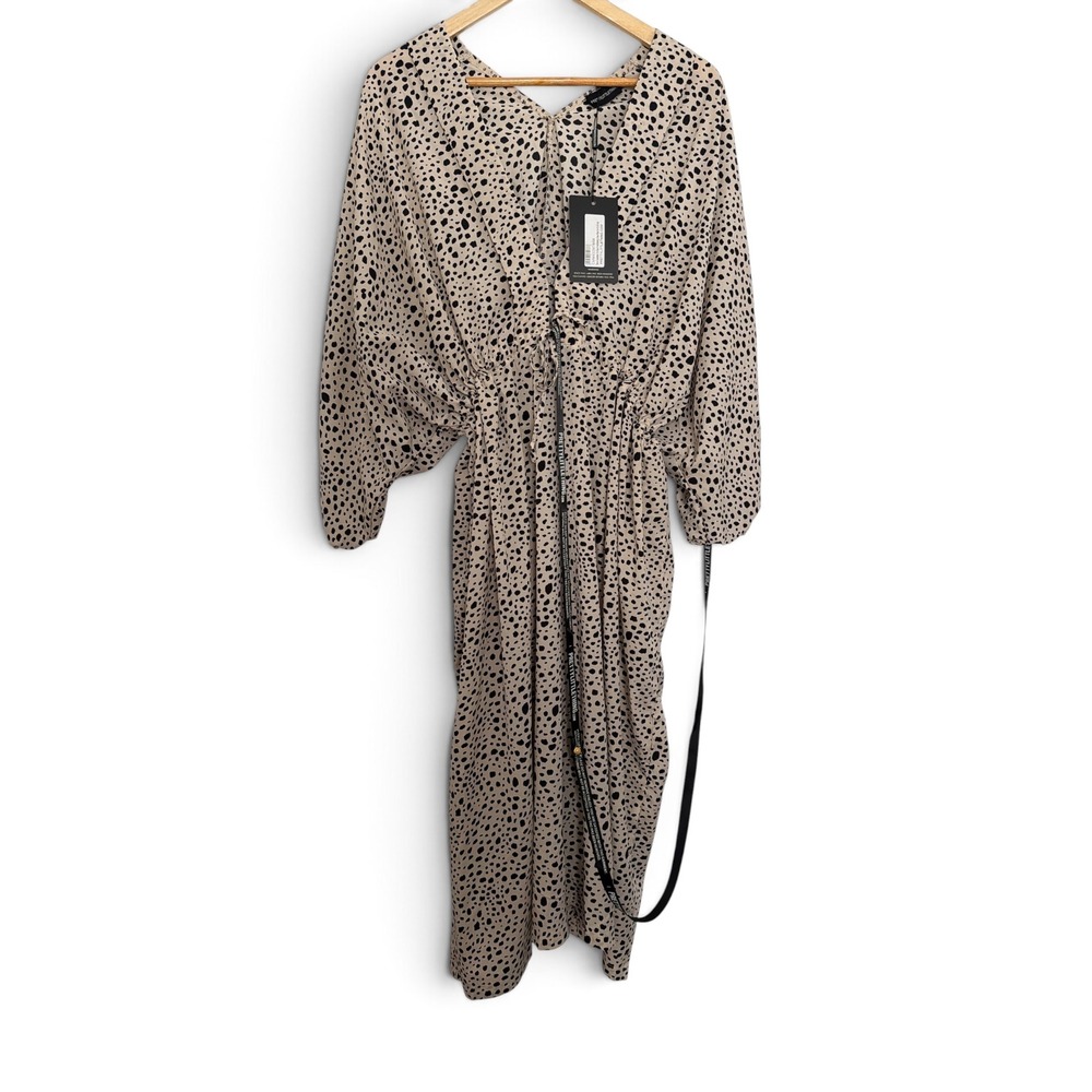PrettyLittleThing Stone Dalmatian Tie Waist Batwing Sleeve Maxi Dress USA 6 NWT